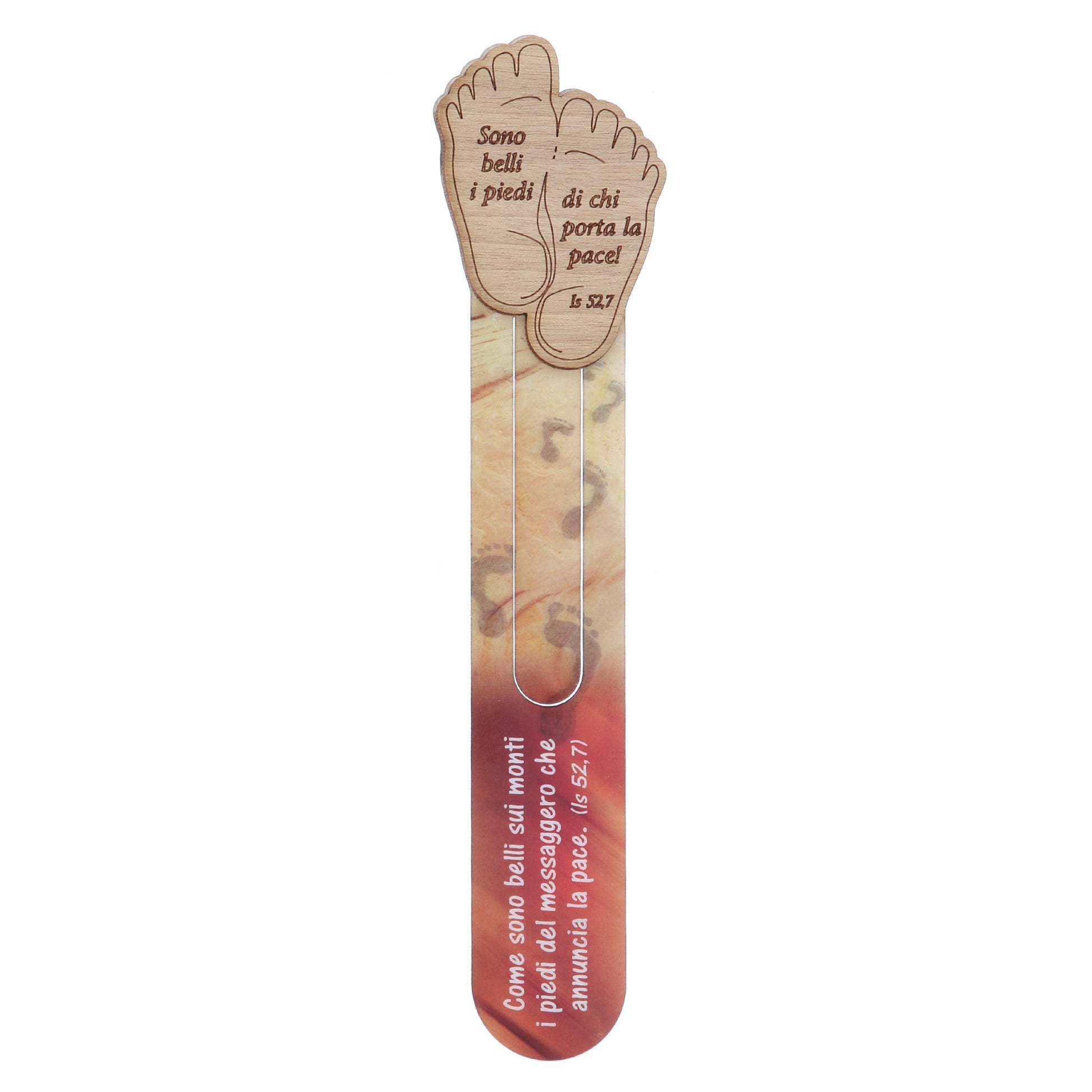 Segnalibro della Parola plastificato con soggetto in legno. Dimensioni: 4x17 cm