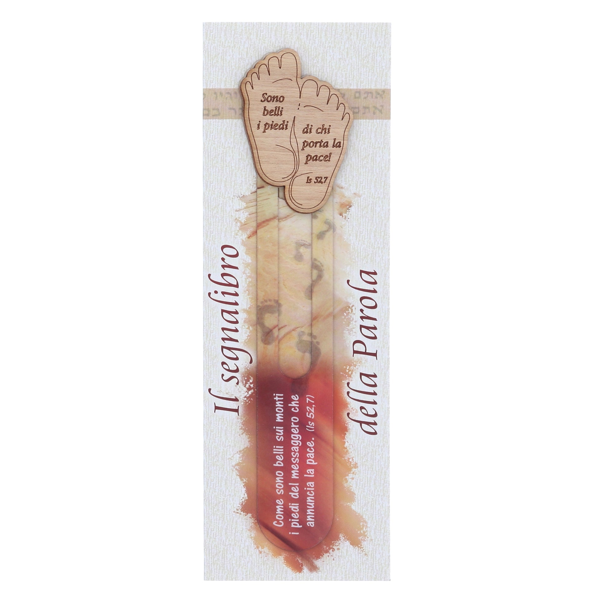 Segnalibro della Parola plastificato con soggetto in legno. Dimensioni: 4x17 cm