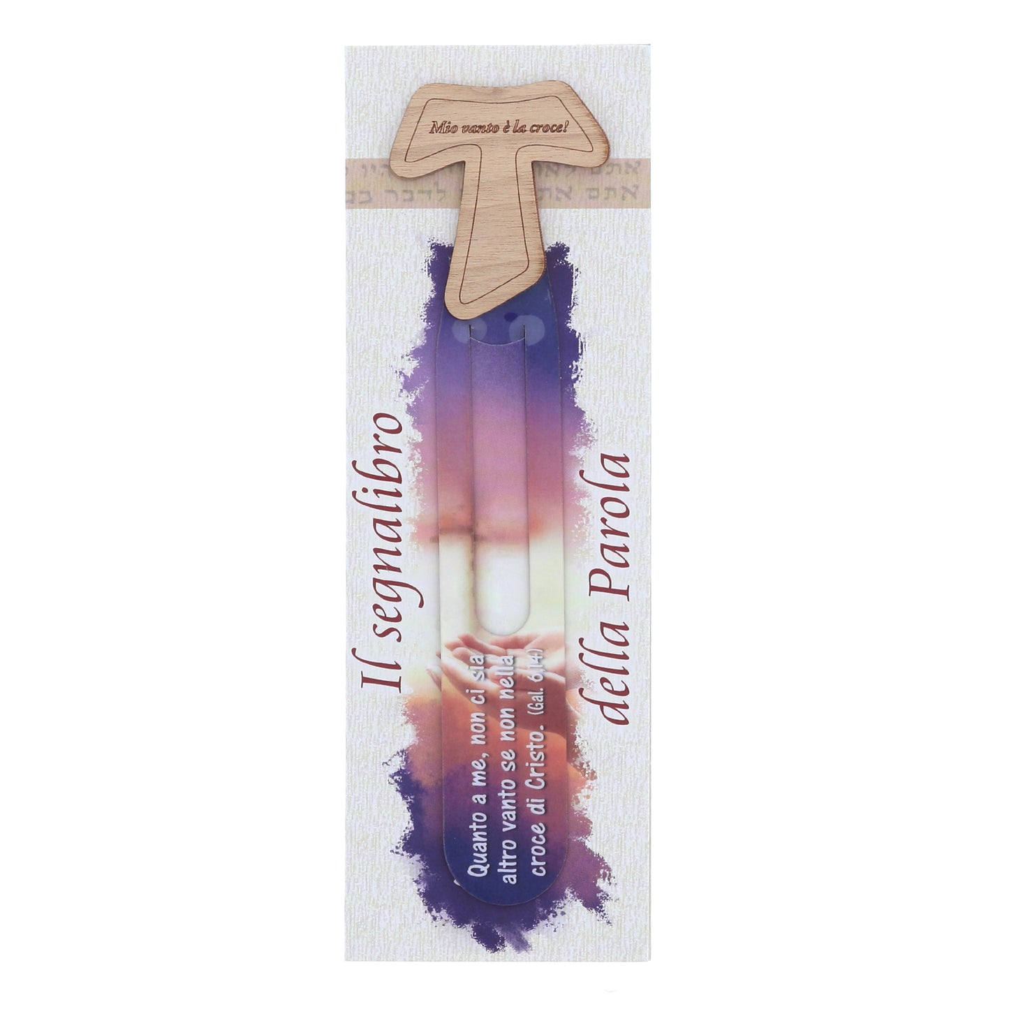 Segnalibro della Parola plastificato con soggetto in legno. Dimensioni: 4x17 cm