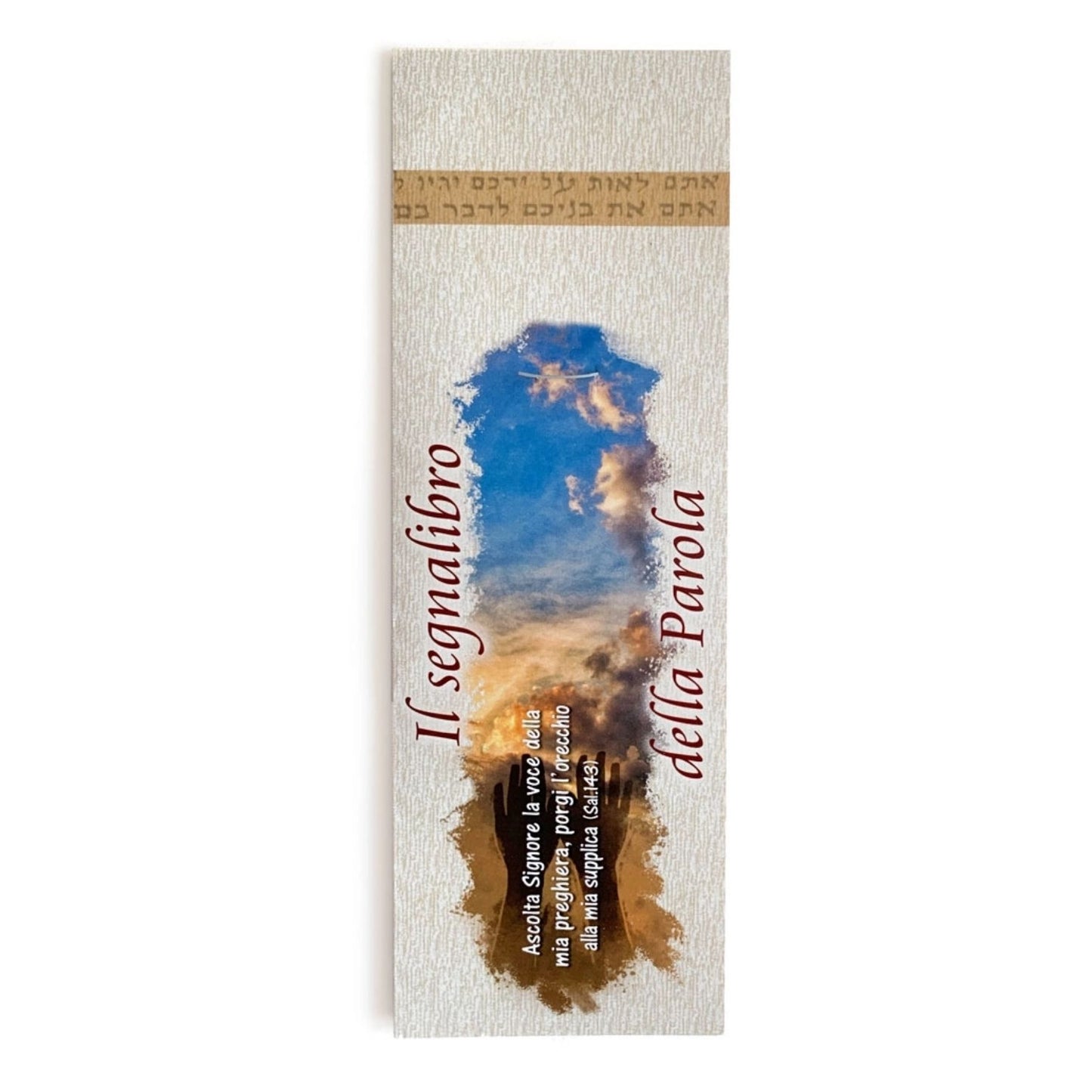 Segnalibro della Parola plastificato con soggetto in legno. Dimensioni: 4x17 cm