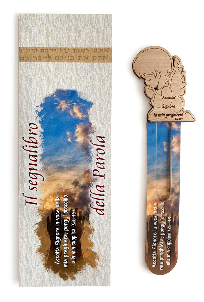 Segnalibro della Parola plastificato con soggetto in legno. Dimensioni: 4x17 cm