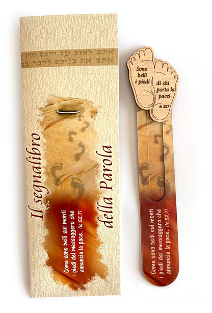 Segnalibro della Parola plastificato con soggetto in legno. Dimensioni: 4x17 cm