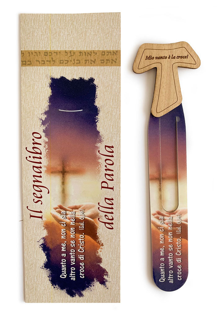 Segnalibro della Parola plastificato con soggetto in legno. Dimensioni: 4x17 cm