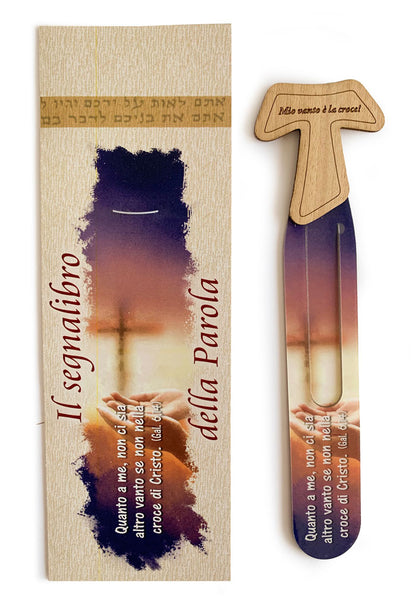 Segnalibro della Parola plastificato con soggetto in legno. Dimensioni: 4x17 cm