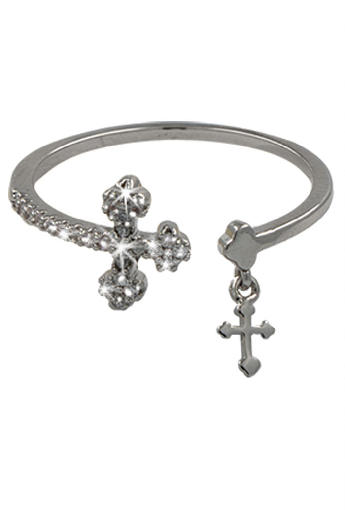 Anello in acciaio con croce pendente e strass