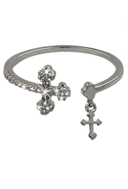 Anello in acciaio con croce pendente e strass