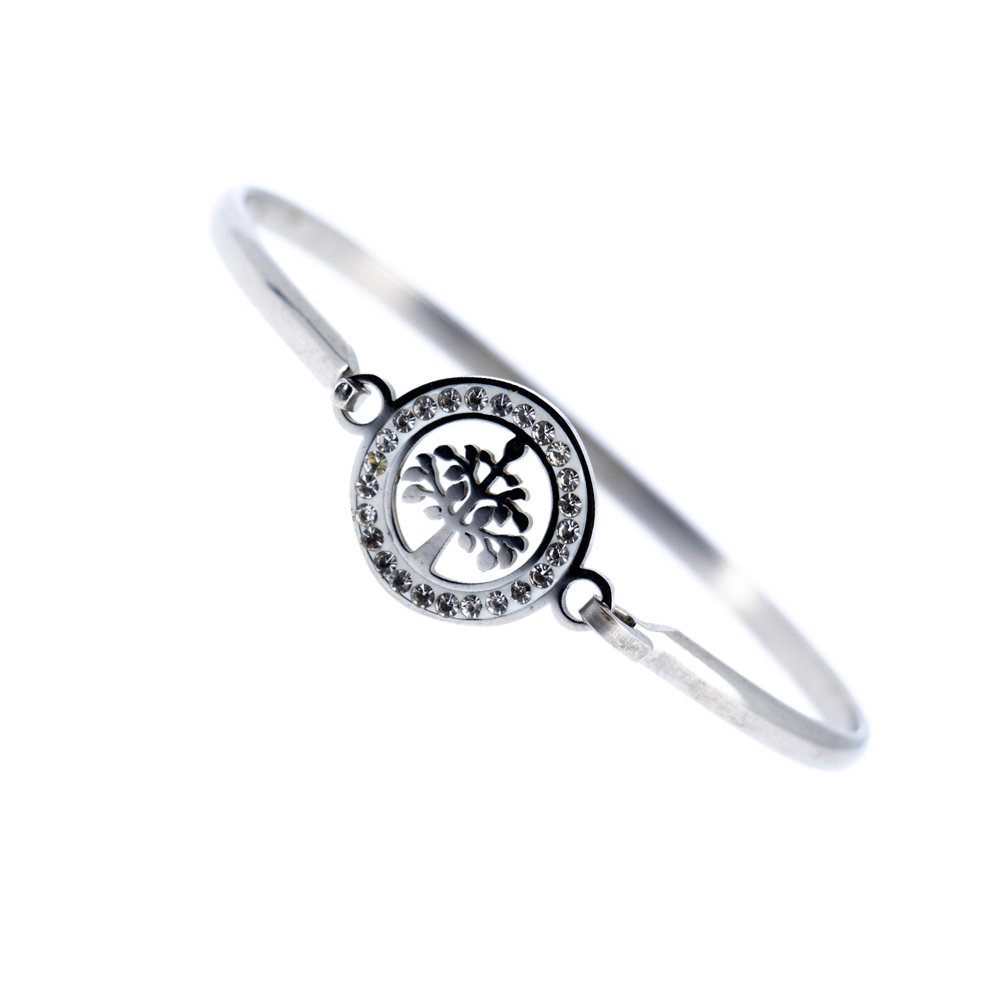 Bracciale rigido in acciaio Albero della Vita con strass. Dimensioni 5x6 cm