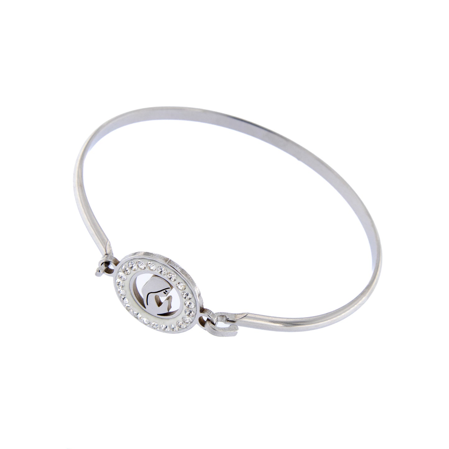 Bracciale rigido in acciaio Madonna con strass. Dimensioni 5x6 cm