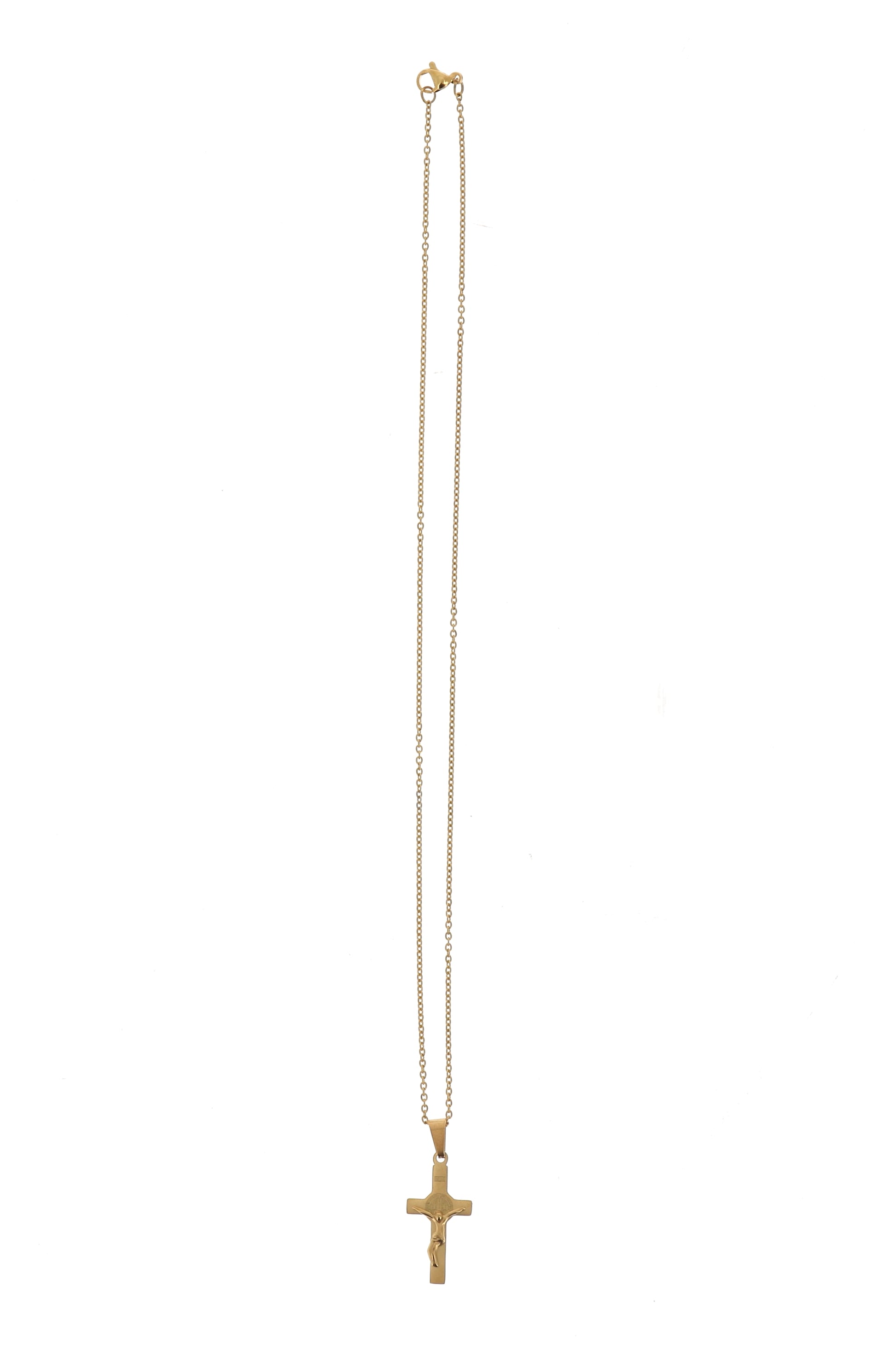 Catenina con ciondolo Croce di san Benedetto in acciaio color oro. Lunghezza 25,5 cm