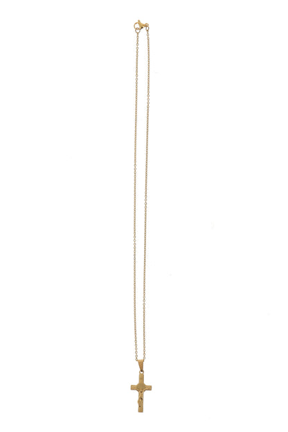 Catenina con ciondolo Croce di san Benedetto in acciaio color oro. Lunghezza 25,5 cm