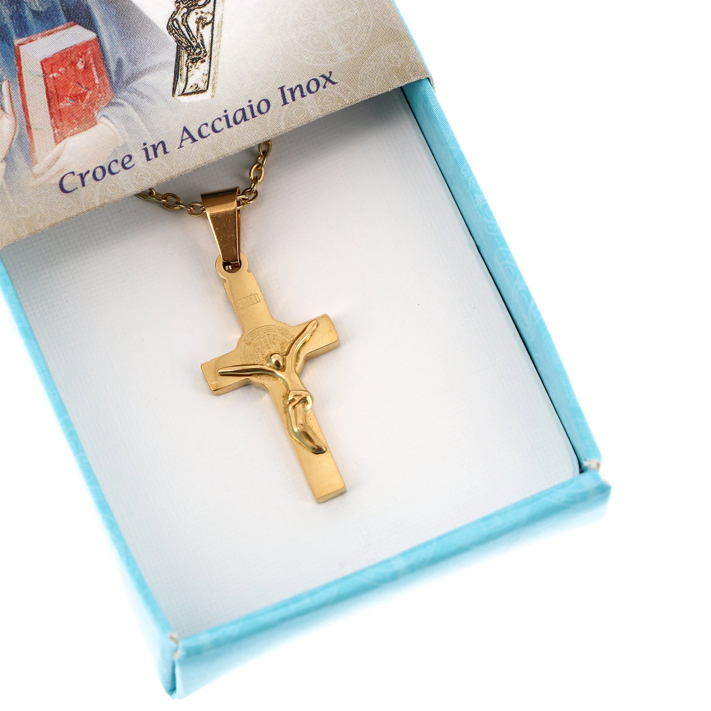 Catenina con ciondolo Croce di san Benedetto in acciaio color oro. Lunghezza 25,5 cm