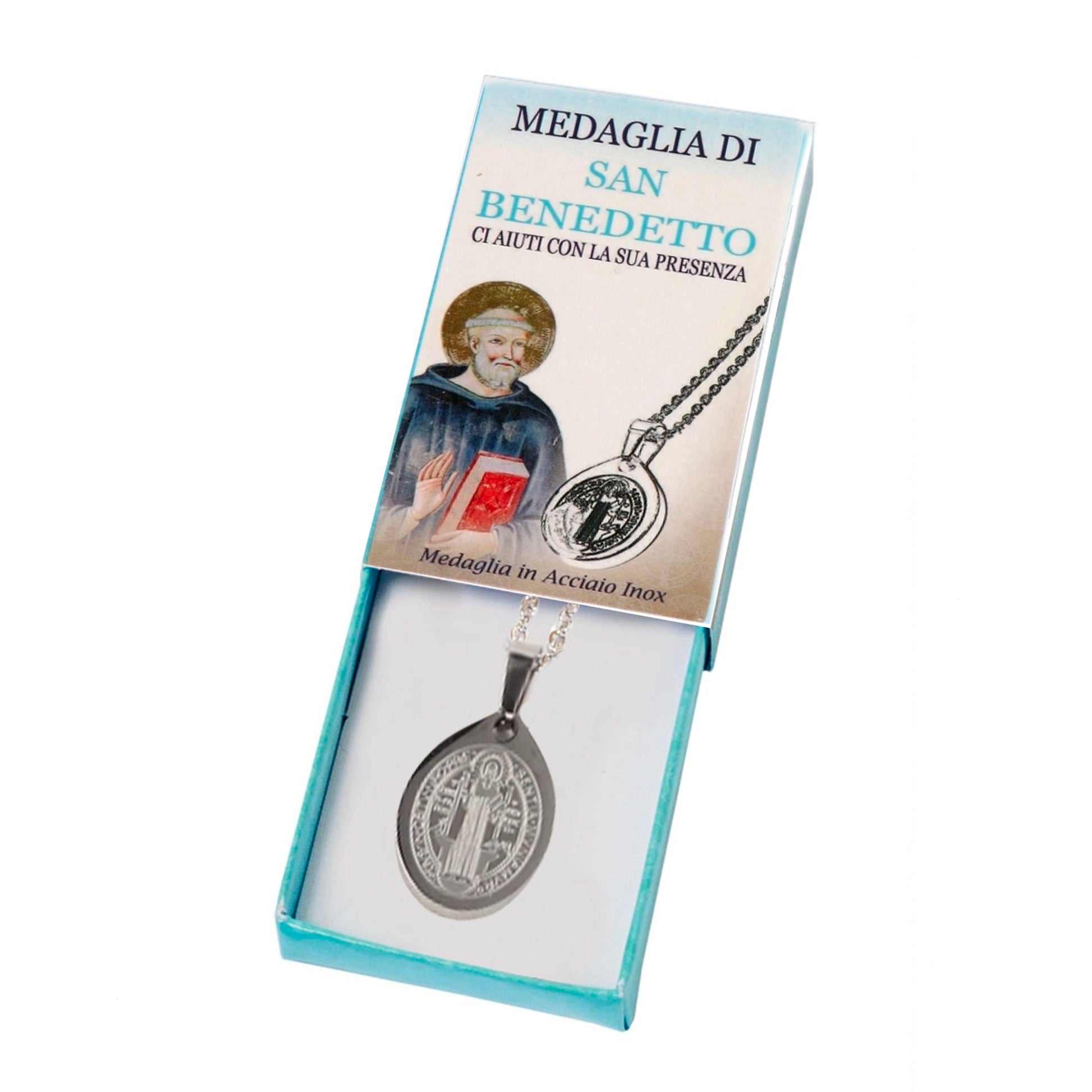 Catenina con ciondolo Medaglia di san Benedetto in acciaio. Diametro medaglia 1,7 cm