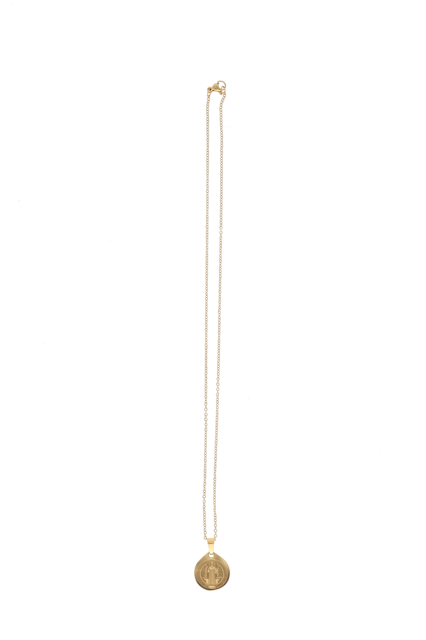 Catenina con ciondolo Medaglia di san Benedetto in acciaio color oro. Diametro medaglia 1,7 cm