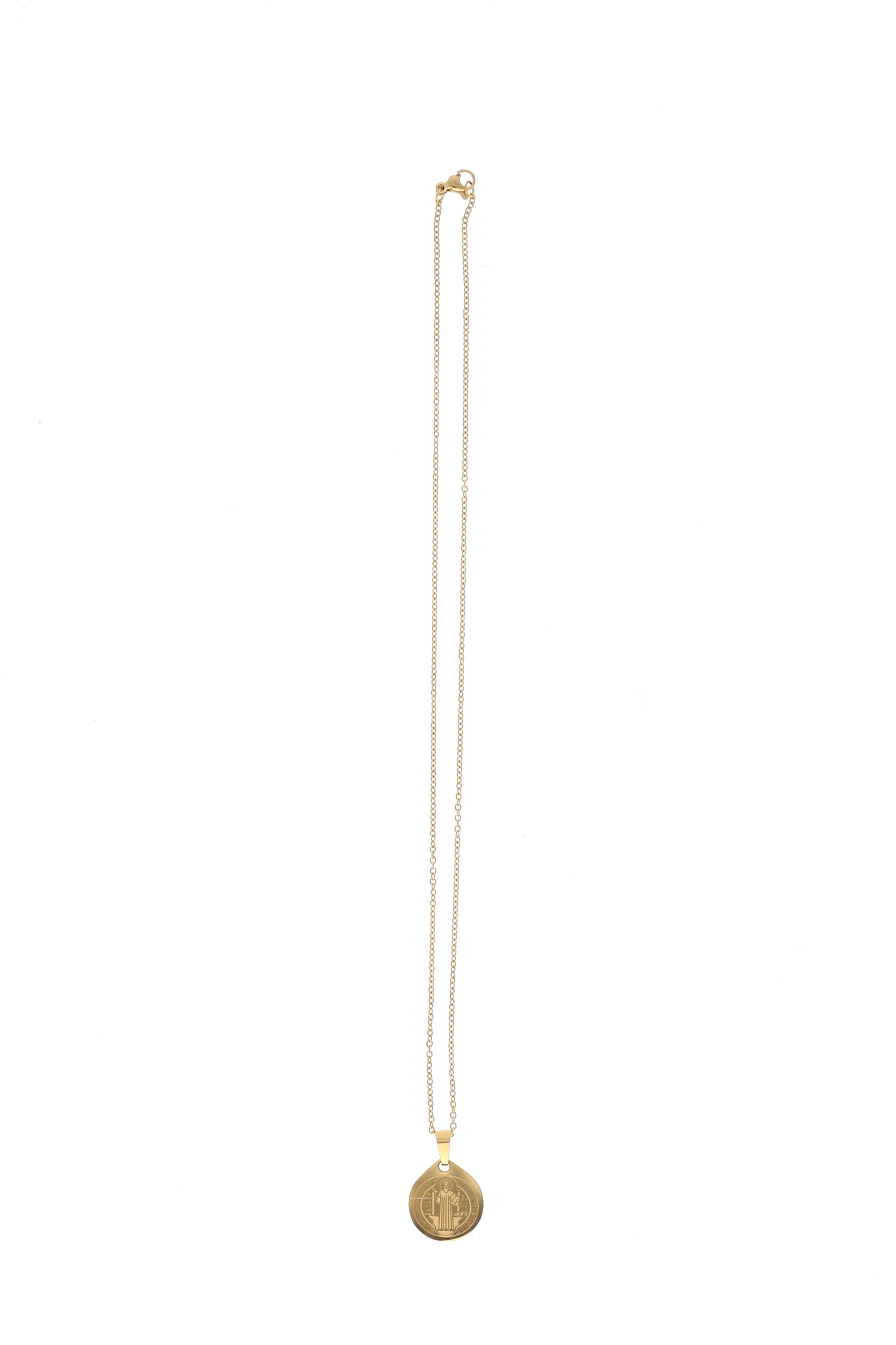 Catenina con ciondolo Medaglia di san Benedetto in acciaio color oro. Diametro medaglia 1,7 cm