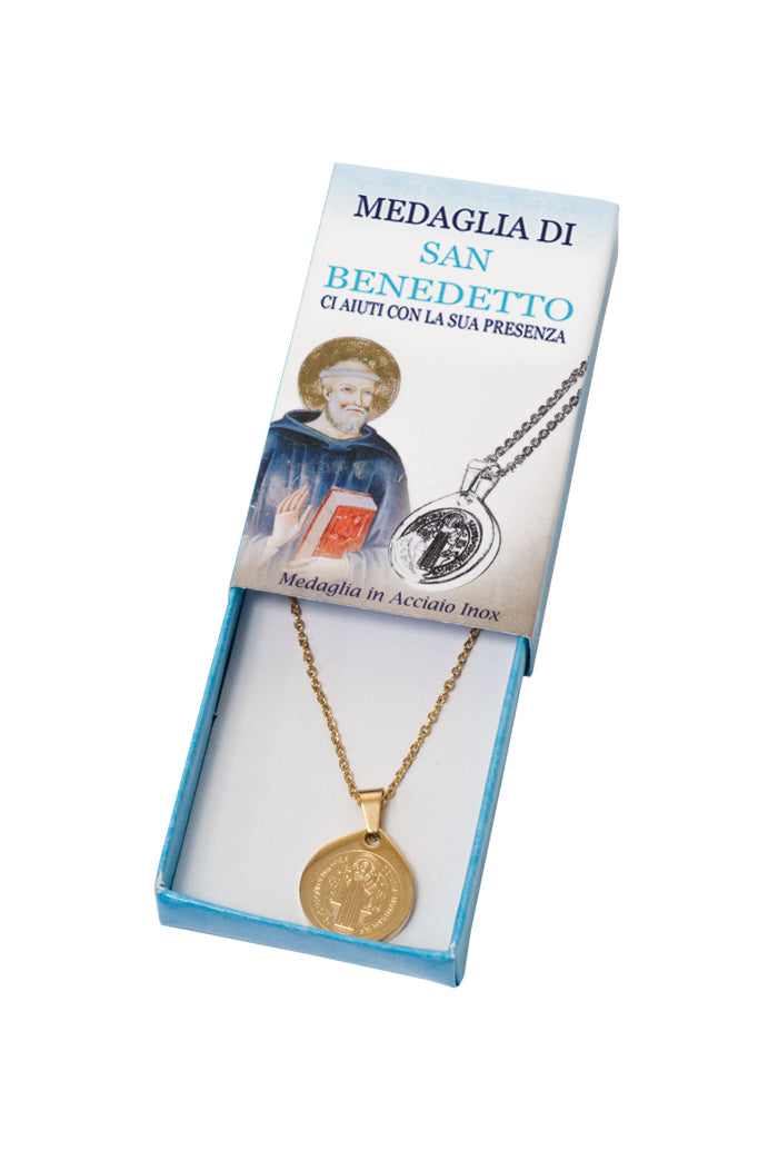 Catenina con ciondolo Medaglia di san Benedetto in acciaio color oro. Diametro medaglia 1,7 cm