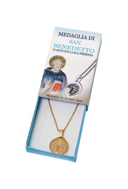 Catenina con ciondolo Medaglia di san Benedetto in acciaio color oro. Diametro medaglia 1,7 cm