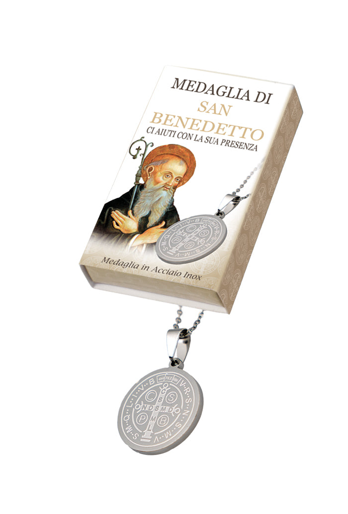 Catenina con ciondolo Medaglia di san Benedetto in acciaio. Diametro medaglia 2,5 cm