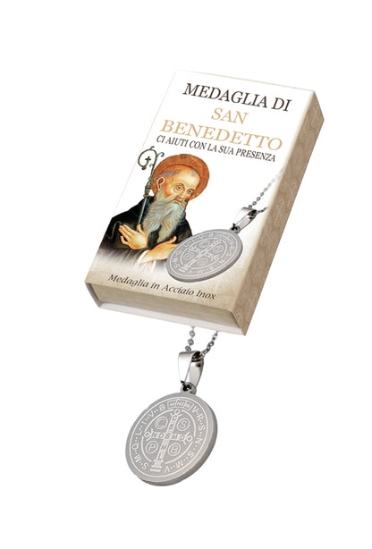 Catenina con ciondolo Medaglia di san Benedetto in acciaio. Diametro medaglia 2,5 cm