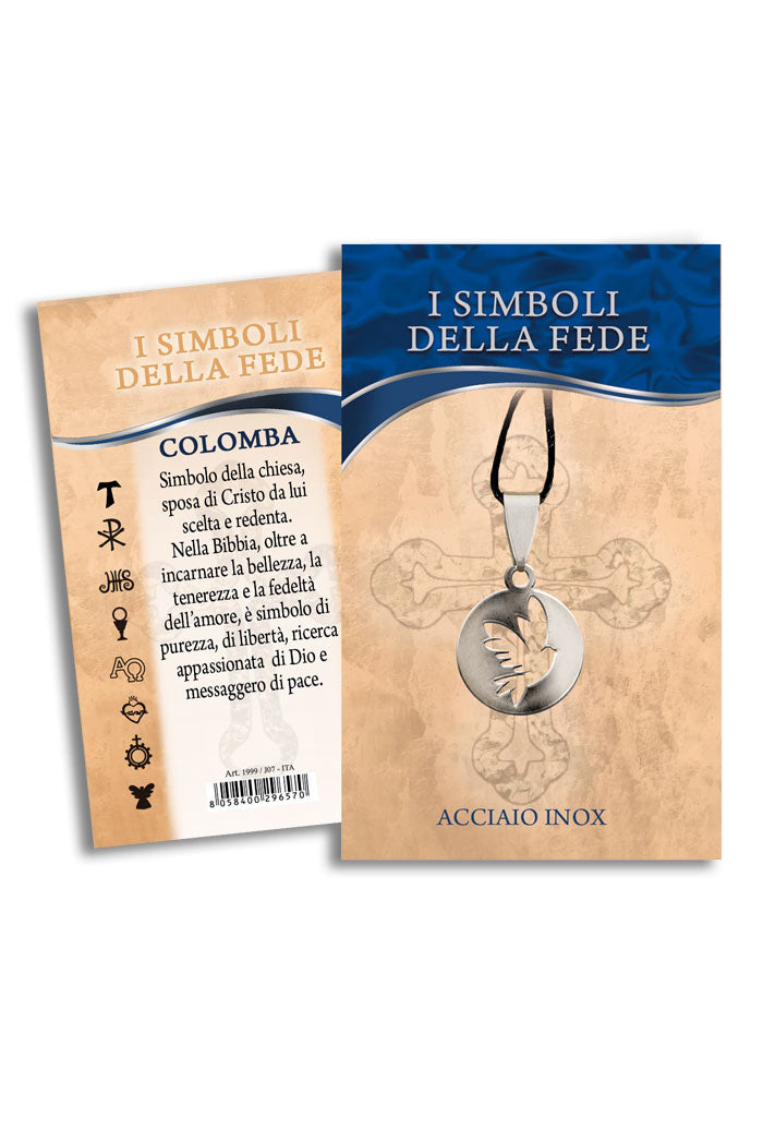 Ciondolo Colomba in acciaio con cordoncino e confezione.