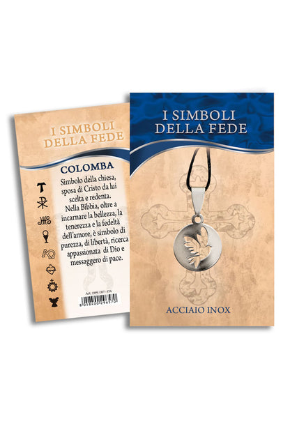 Ciondolo Colomba in acciaio con cordoncino e confezione.
