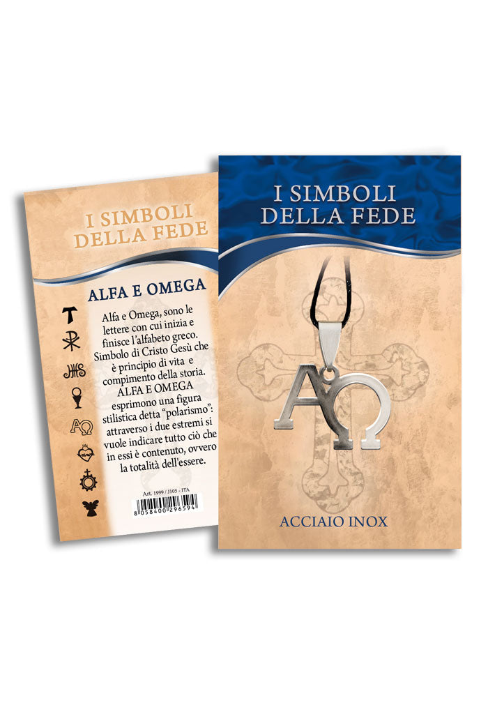 Ciondolo Alfa e Omega in acciaio con cordoncino e confezione