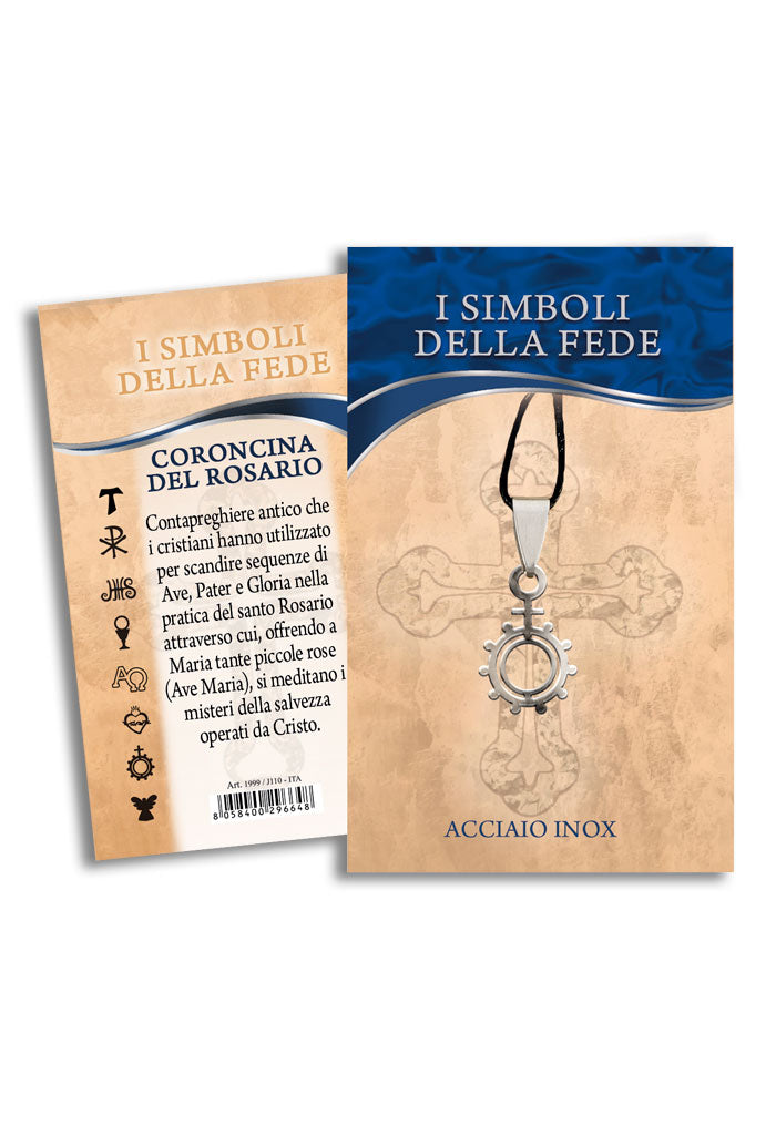 Ciondolo Coroncina del Rosario in acciaio con cordoncino e confezione