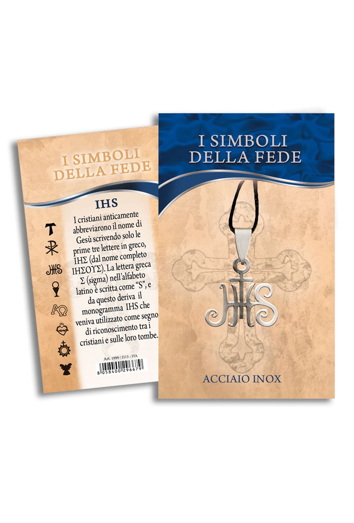 Ciondolo IHS in acciaio con cordoncino e confezione