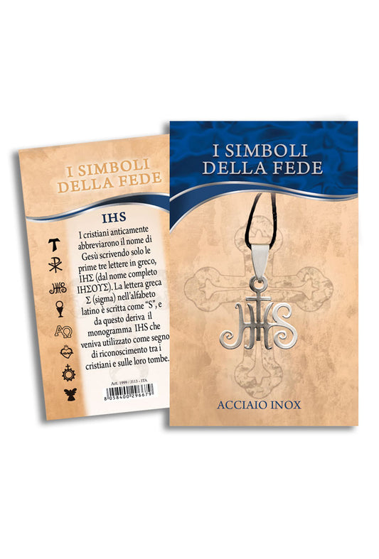 Ciondolo IHS in acciaio con cordoncino e confezione