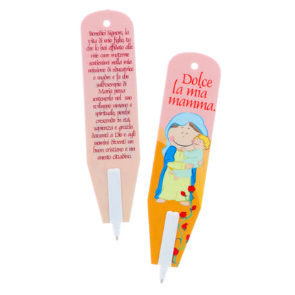 Penna Segnalibro con immagine Madonna con Bambino. Dimensioni 3x13 cm