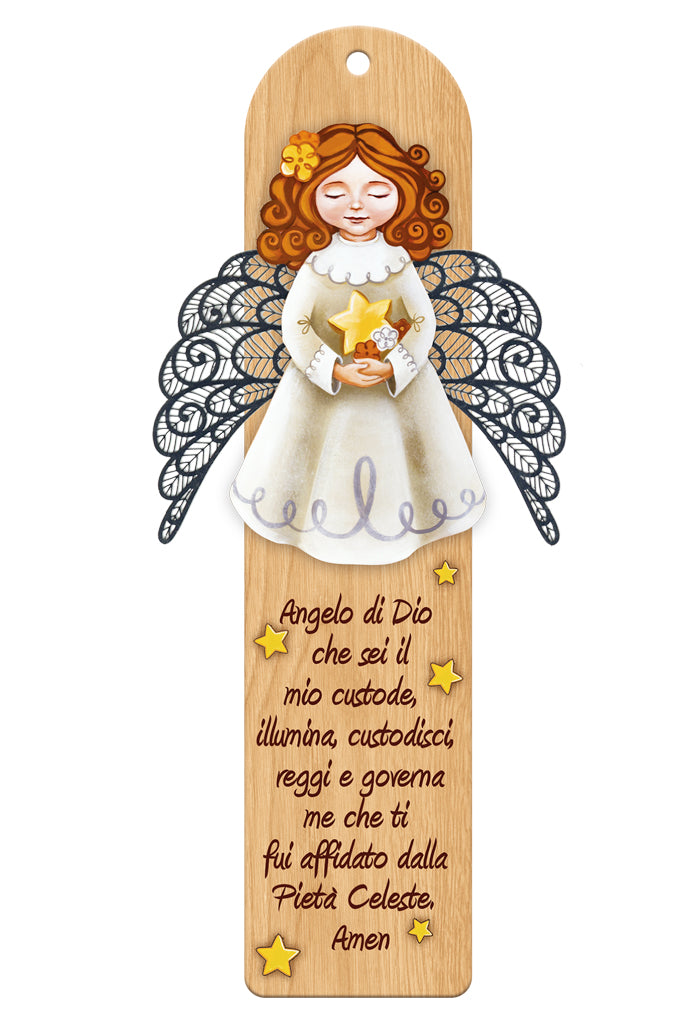 Quadretto magnetico Battesimo Bimba in legno e ali angeliche metalliche 7x17 cm