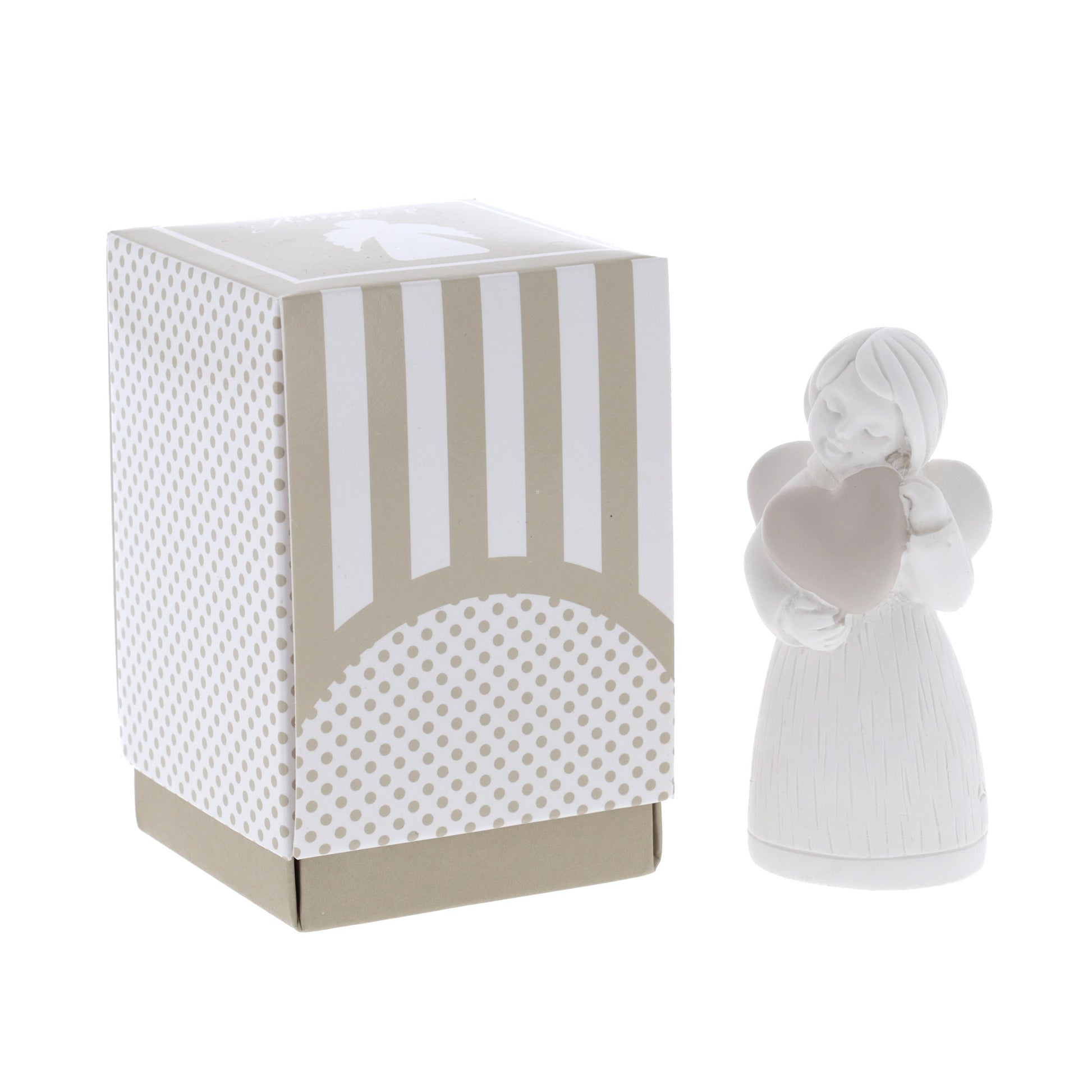 Angelo in resina bianca con cuore in confezione. Altezza 9 cm