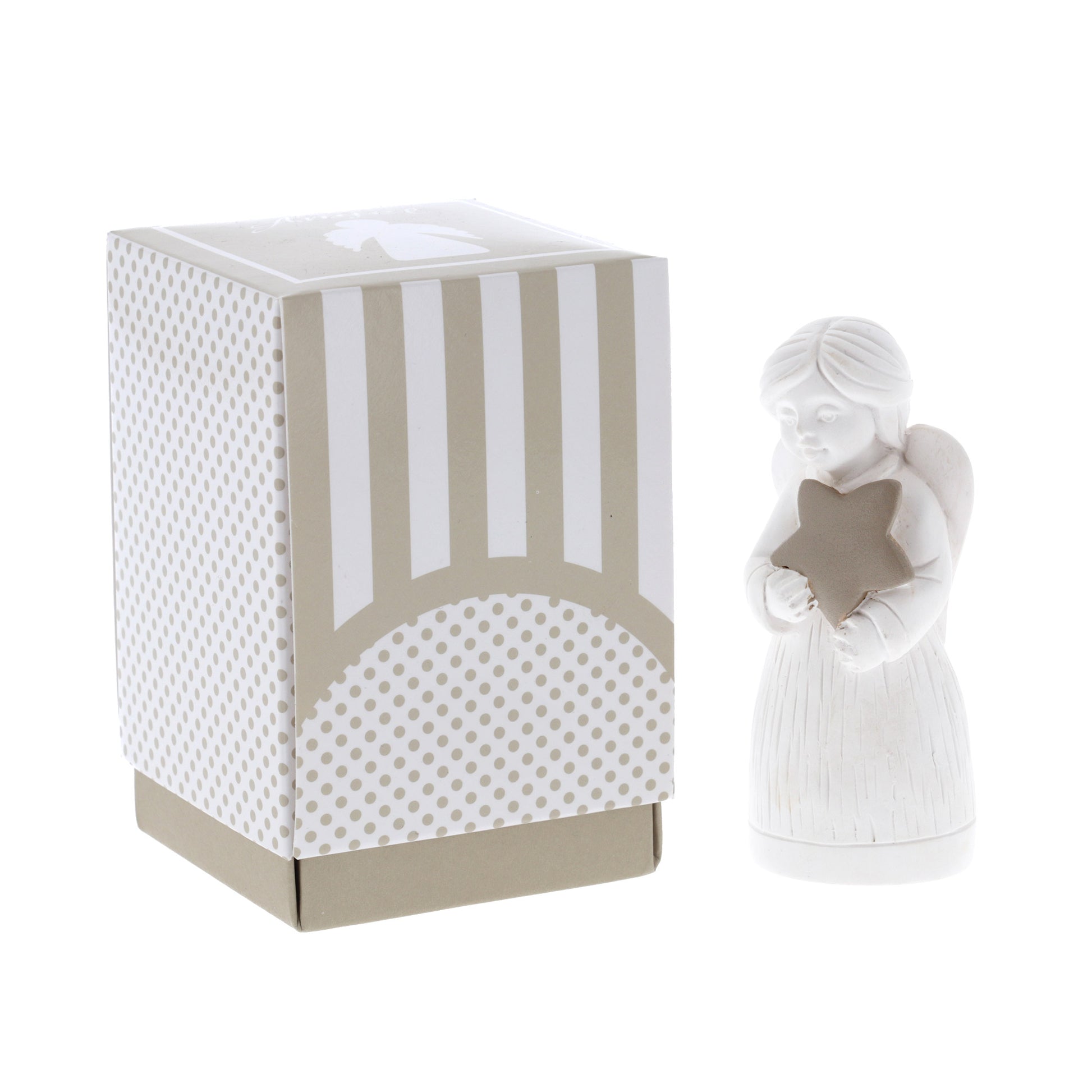 Angelo in resina bianca con stella in confezione. Altezza 9 cm