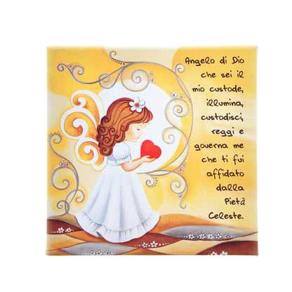 Tela con effetto dipinto ?Angioletto con cuore? e cavalletto. Dimensioni 20x20 cm