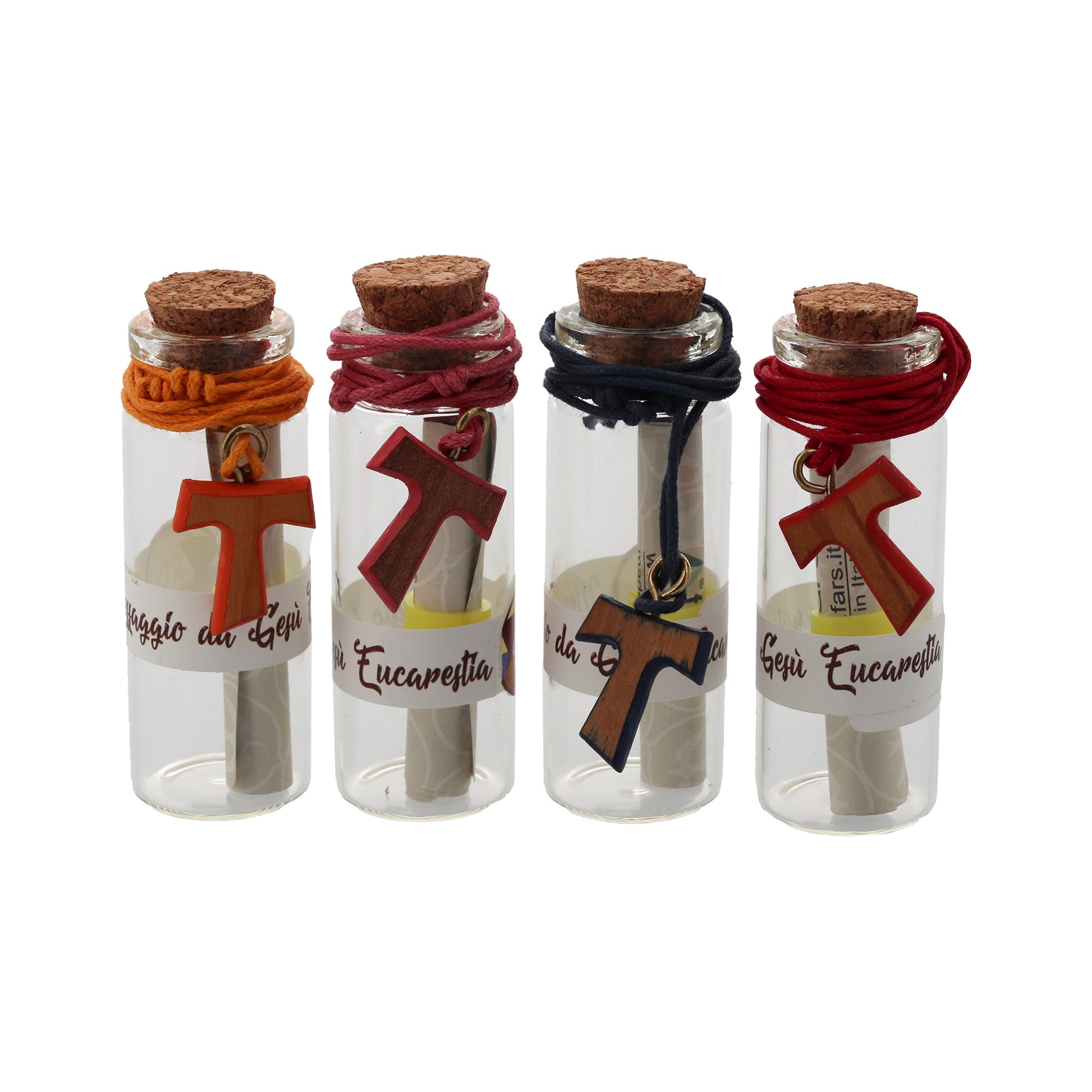Bottiglietta in vetro con "Messaggio da Gesù Eucarestia" per la prima Comunione con ciondolo Tau in ulivo. Dimensioni 2x6,5 cm