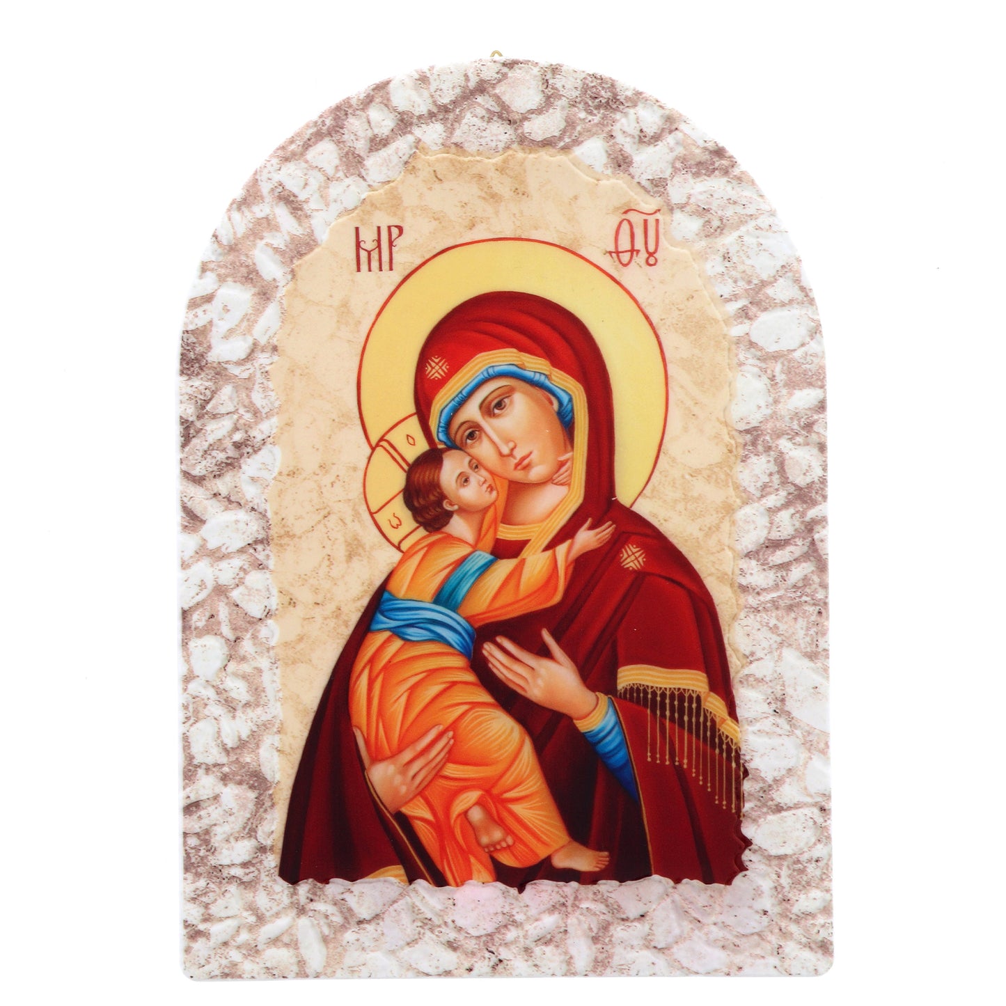 Quadro cupola effetto pietra ?Icona Madonna con Bambino? con cavalletto. Dimensioni 16x23 cm
