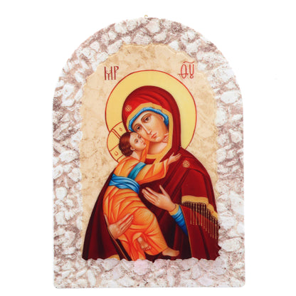 Quadro cupola effetto pietra ?Icona Madonna con Bambino? con cavalletto. Dimensioni 16x23 cm