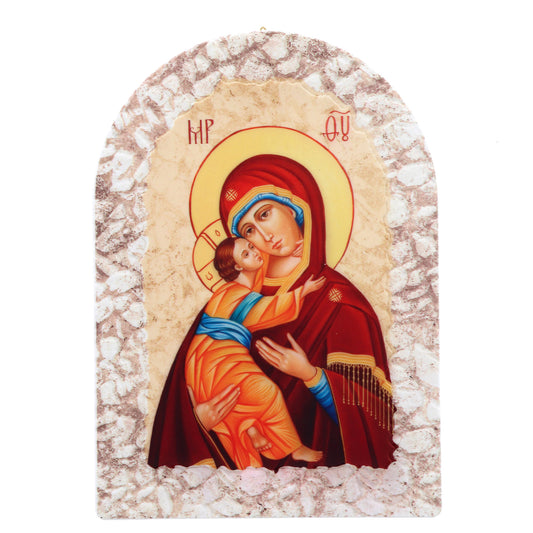 Quadro cupola effetto pietra ?Icona Madonna con Bambino? con cavalletto. Dimensioni 16x23 cm