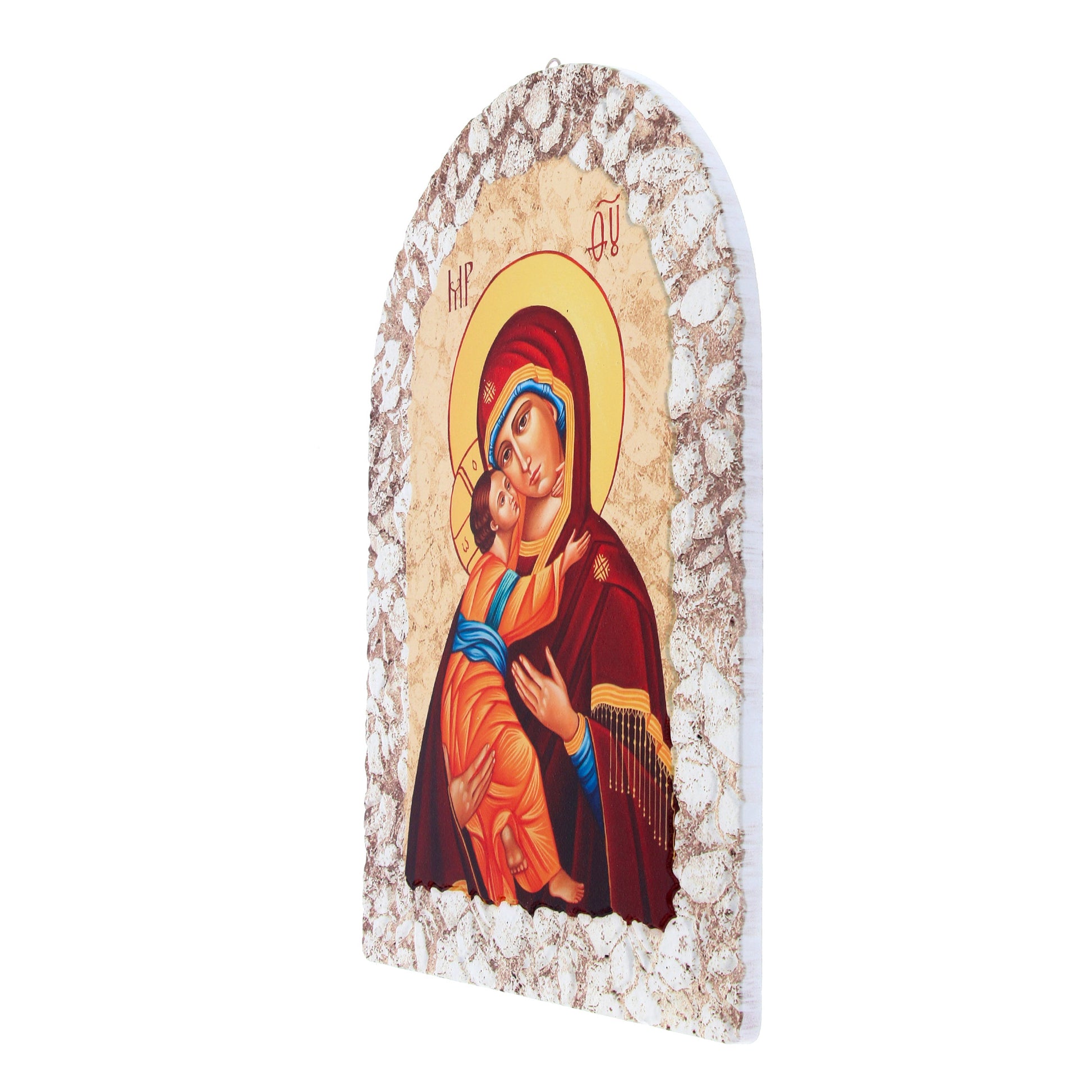 Quadro cupola effetto pietra ?Icona Madonna con Bambino? con cavalletto. Dimensioni 16x23 cm