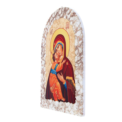 Quadro cupola effetto pietra ?Icona Madonna con Bambino? con cavalletto. Dimensioni 16x23 cm