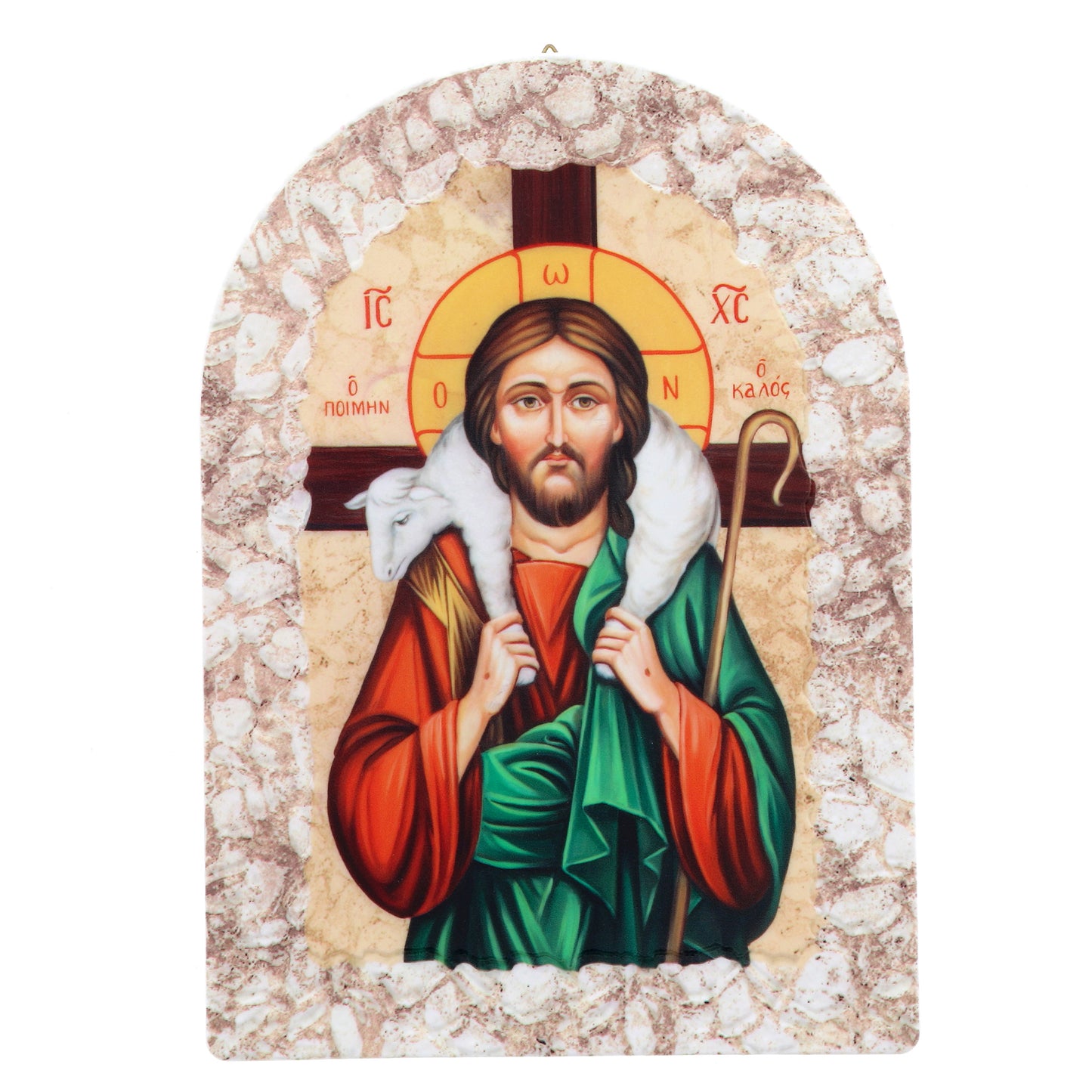 Quadro cupola effetto pietra ?Icona Cristo Buon pastore? e cavalletto cm 16x23