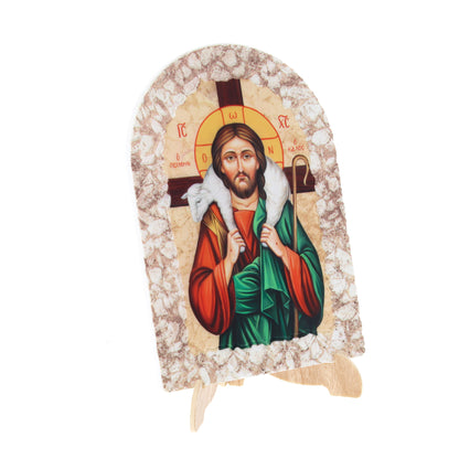 Quadro cupola effetto pietra ?Icona Cristo Buon pastore? e cavalletto cm 16x23