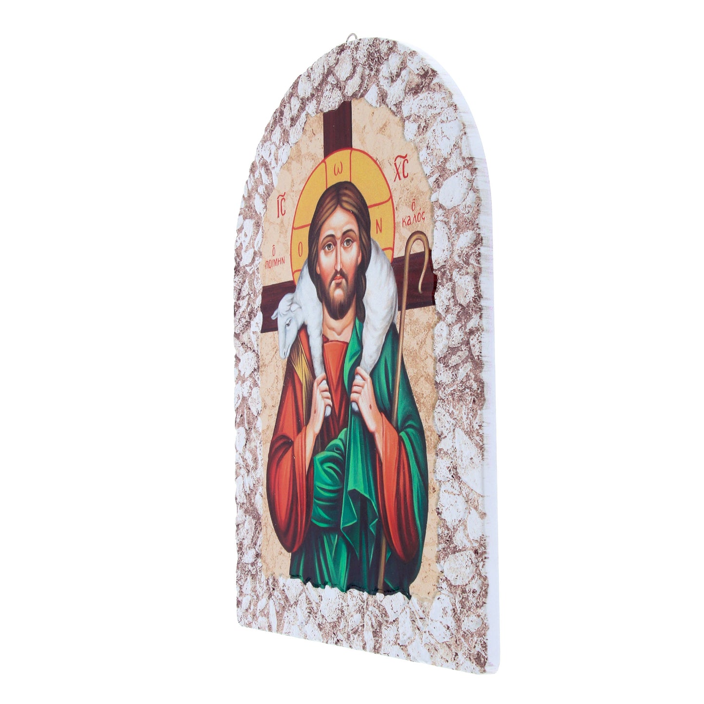 Quadro cupola effetto pietra ?Icona Cristo Buon pastore? e cavalletto cm 16x23