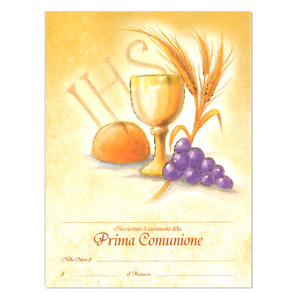 Diploma in carta pergamena Prima Comunione da compilare. Dimensioni 18x24cm