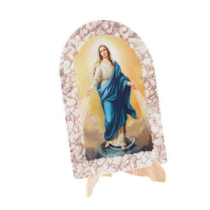 Quadro cupola effetto pietra ?Madonna Immacolata? e cavalletto. Dimensioni 16x23 cm