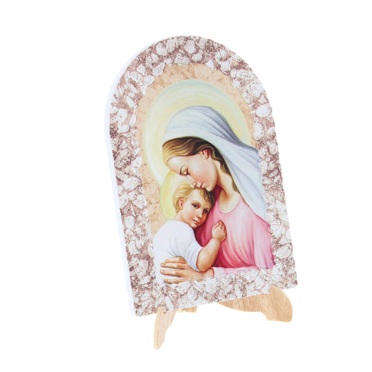 Quadro cupola effetto pietra ?Madonna con bambino? e cavalletto. Dimensioni 16x23 cm