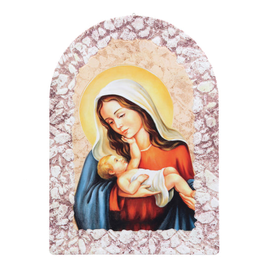 Quadro cupola effetto pietra ?Madonna con bambino? e cavalletto. Dimensioni 16x23 cm
