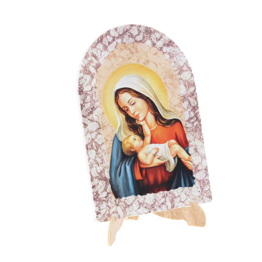 Quadro cupola effetto pietra ?Madonna con bambino? e cavalletto. Dimensioni 16x23 cm