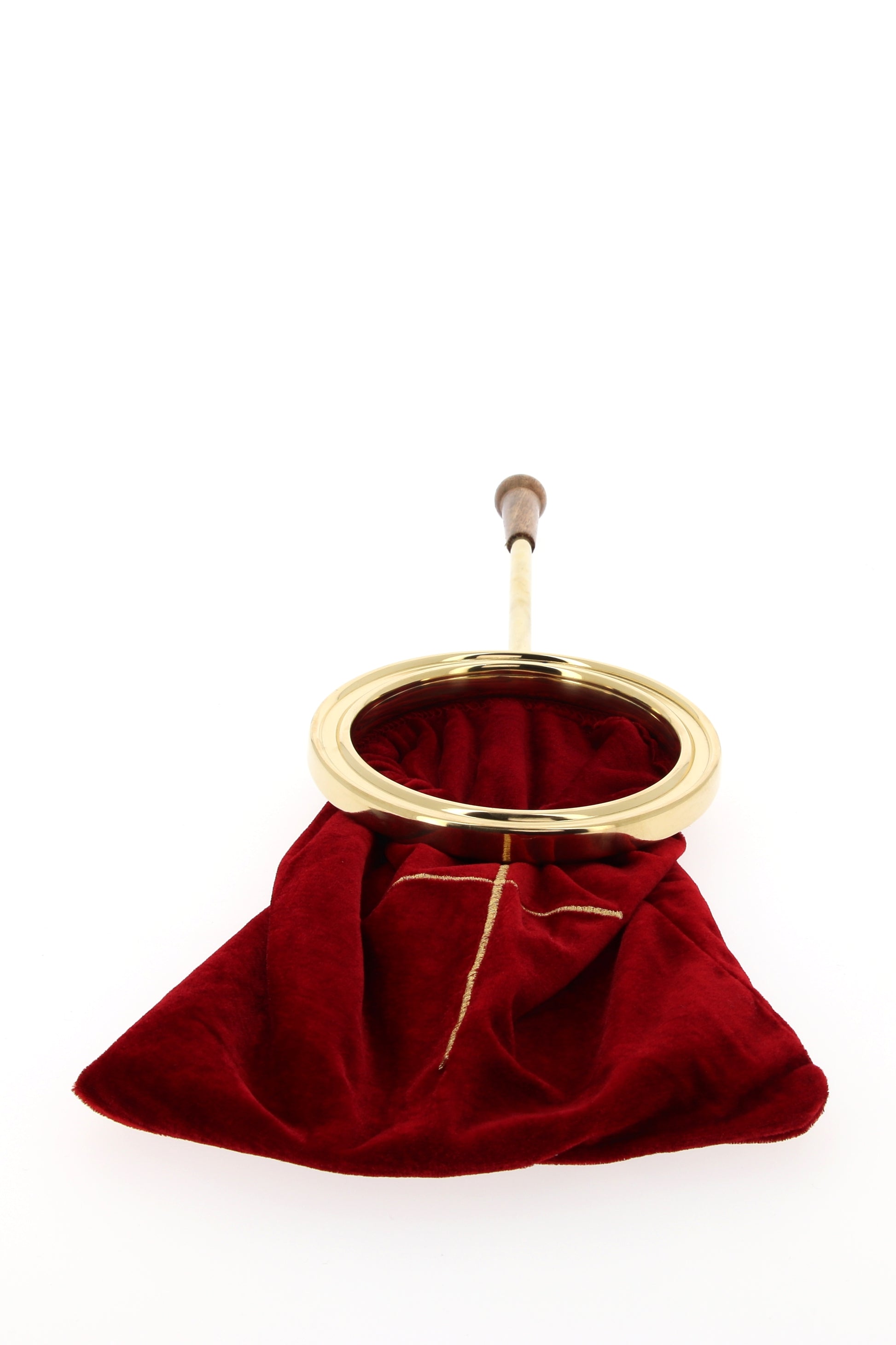 Borsa raccogli offerta in velluto rosso e croce ricamata color oro. Manico 25 cm.