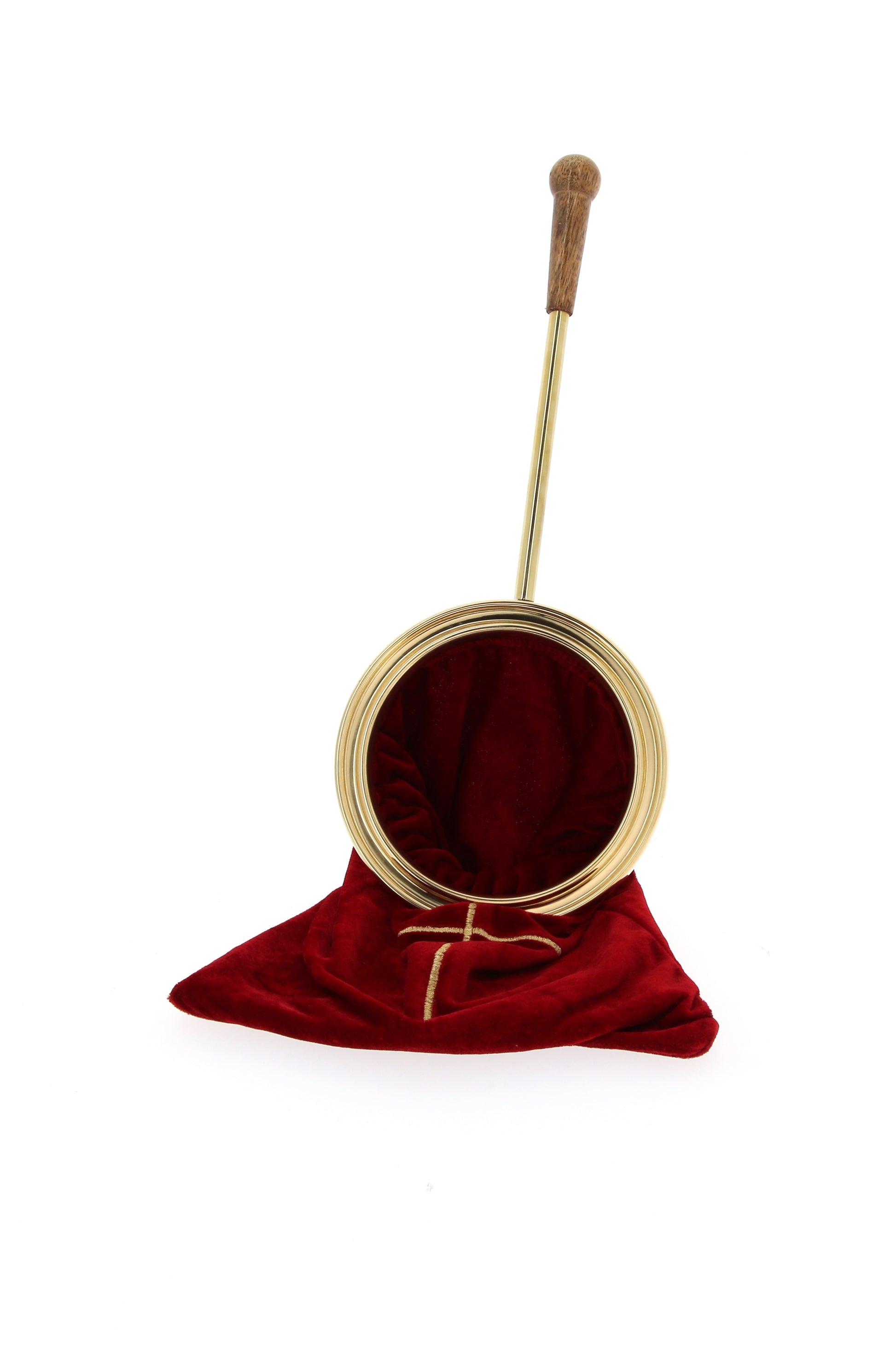 Borsa raccogli offerta in velluto rosso e croce ricamata color oro. Manico 25 cm.