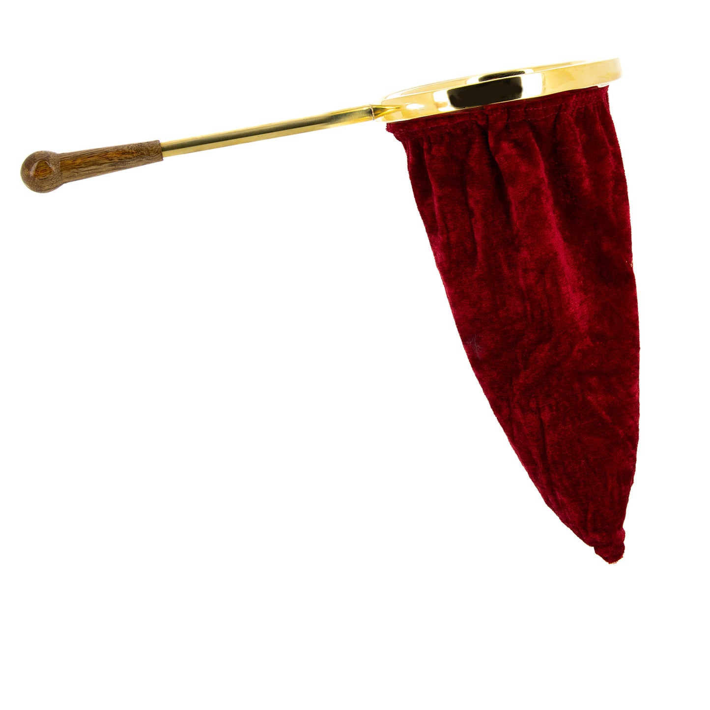 Borsa raccogli offerta in velluto rosso e croce ricamata color oro. Manico 25 cm.